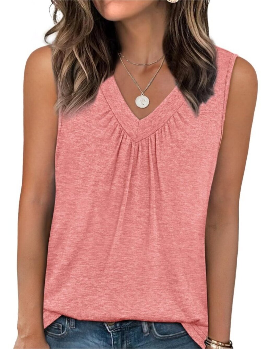 Loose V-Neck Tank Top Ruched Curved Hem
